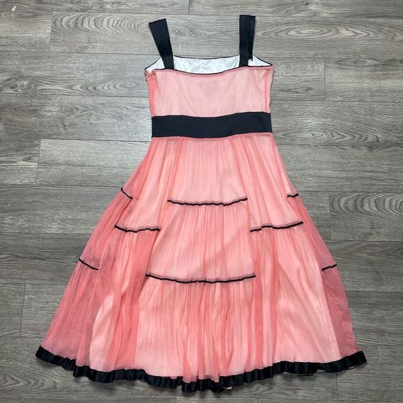 BEBE Pink Black Silk Dress Ruffle Sheer Formal Size 6 Small Midi Length - Picture 7 of 11